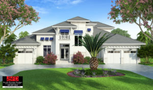 Color front elevation rendering tropical 2-Story house plan