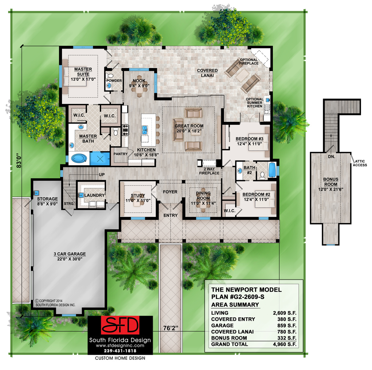 South Florida Design Olde Florida Style 3 Bedroom House Plan-South 