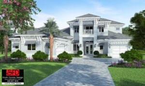 Color front elevation rendering of a 2-story 5 bedroom 6 bath 2 half bath house plan