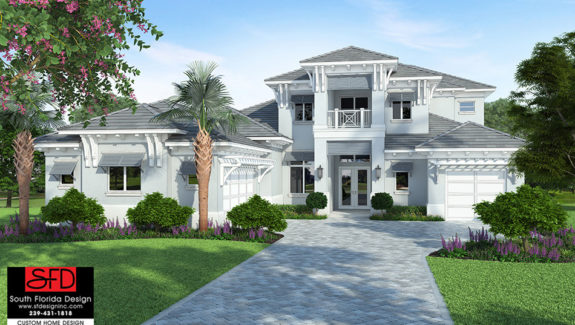 Color front elevation rendering of a 2-story 5 bedroom 6 bath 2 half bath house plan