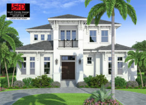 Color front elevation rendering of a 2-story 4,747sf coastal contemporary house plan