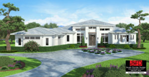 Color front elevation rendering of a 1-story coastal contemporary house plan