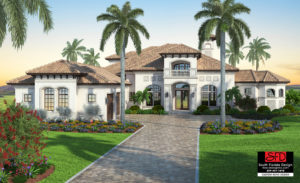 Color front elevation rendering of a 2-story 6 bedroom luxury European house plan