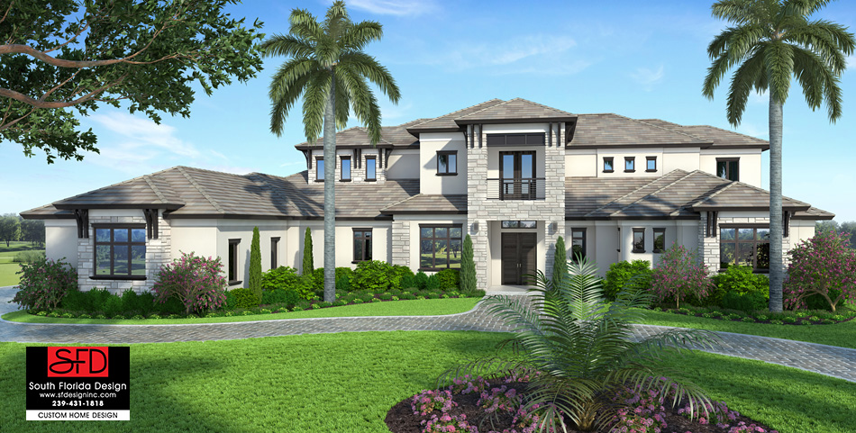 Color front elevation rendering of a 2-story 7,295sf coastal contemporary house plan