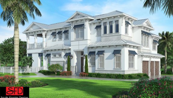 Coastal contemporary 2-story 4 bedroom house plan features a great room, study, rec room, covered balcony and a covered lanai with fireplace designed by South Florida Design located in Naples, Florida