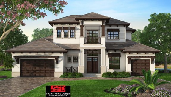 Color front elevation rendering of a 2-story coastal contemporary house plan
