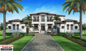Color front elevation rendering of a 2-story 5625sf luxury house plan