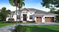 Color front rendering of a 3818 square foot coastal house plan