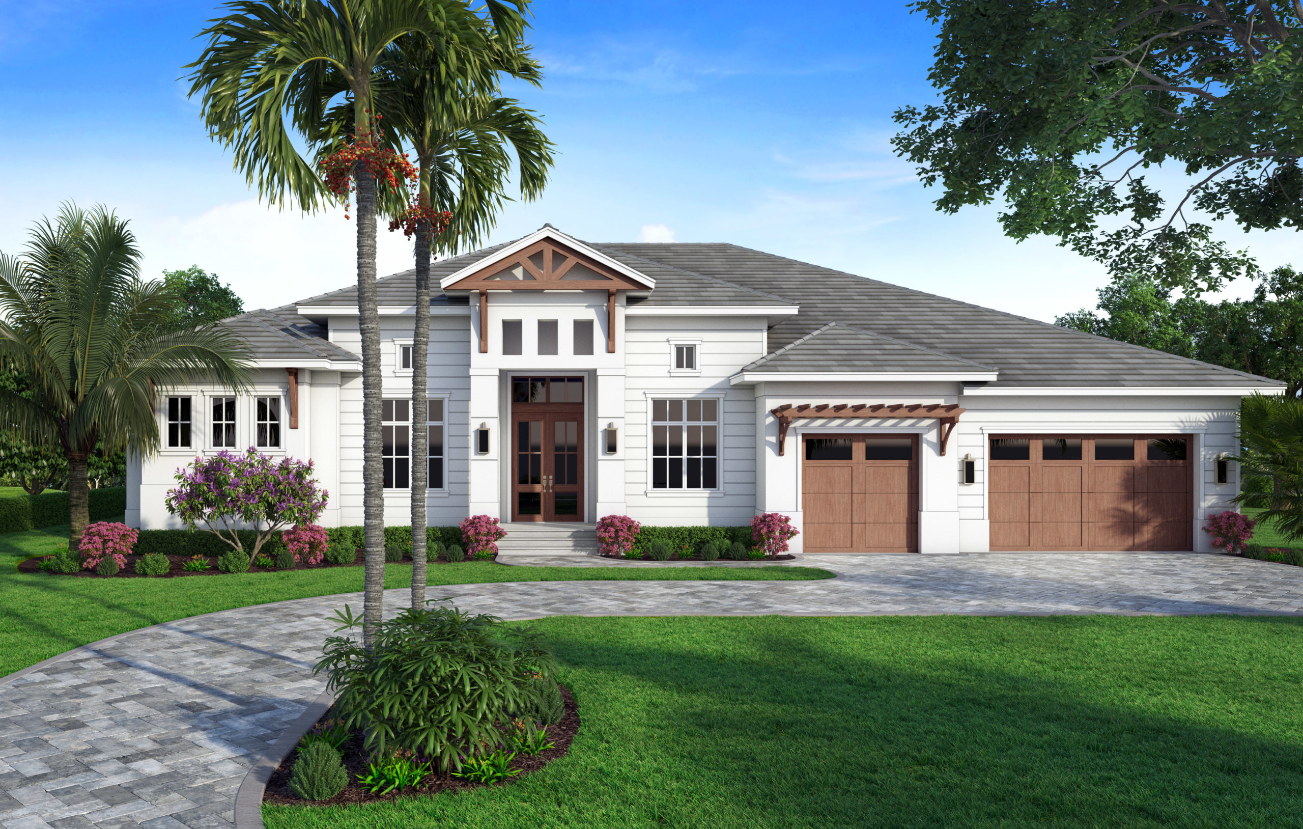 Color front rendering of a 3818 square foot coastal house plan