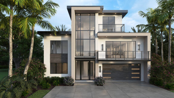 Color front elevation rendering of a 3-story 4356sf house plan