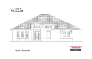 Black and white front elevation of a 2601sf great room house plan