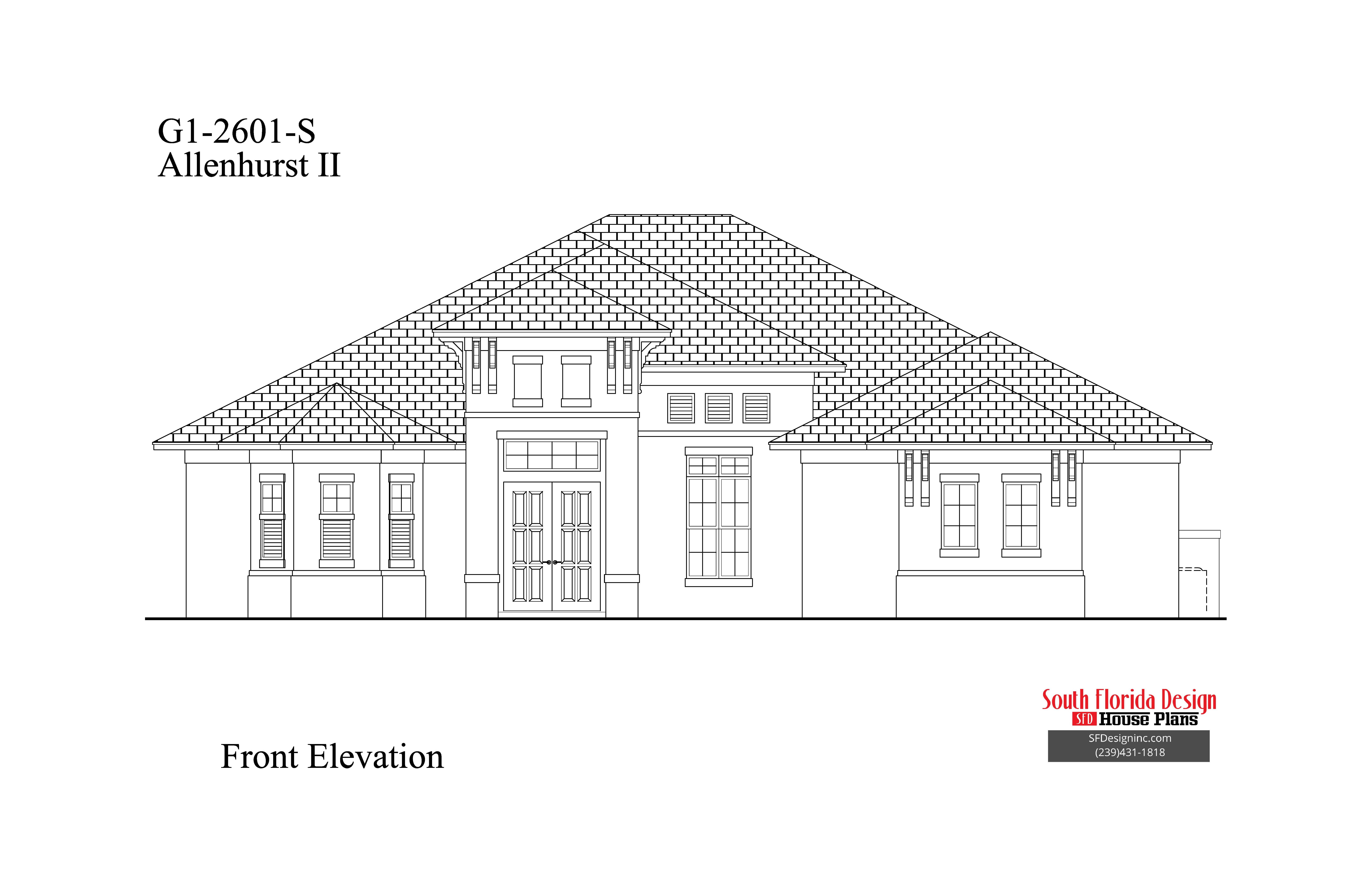 Black and white front elevation of a 2601sf great room house plan