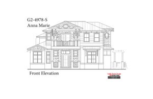 Black and white front elevation sketch of a 4978sf house plan