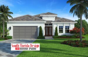 Color front elevation rendering of a 2574sf narrow lot house plan