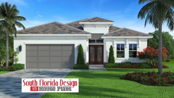 Color front elevation rendering of a 2574sf narrow lot house plan