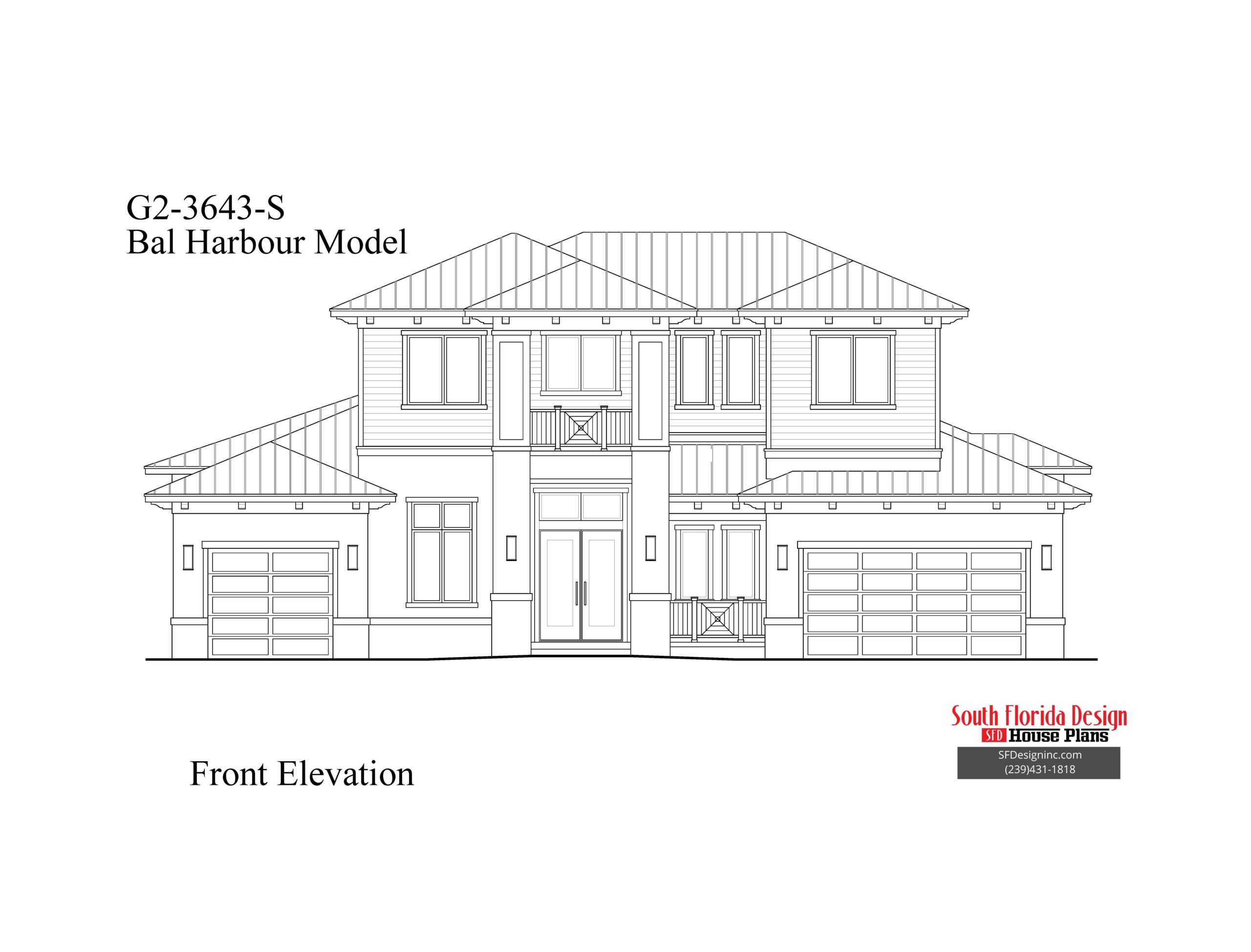Black and white front elevation sketch of a 2-story 3643sf house plan