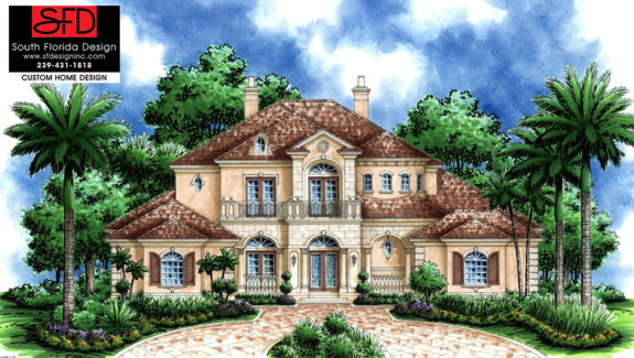 Color front elevation rendering of a 2-story luxury French style house plan