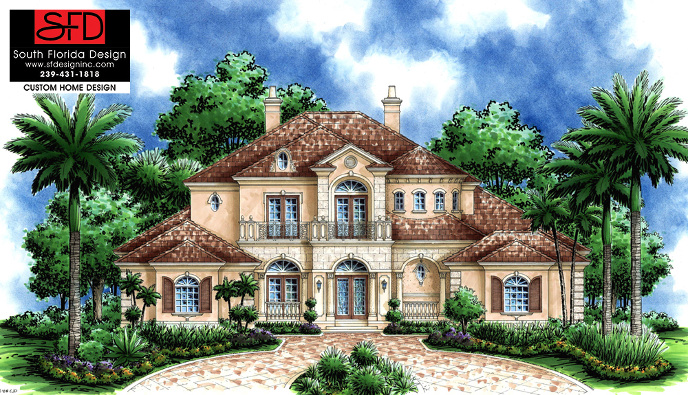Color front elevation rendering of a 2-story luxury French style house plan
