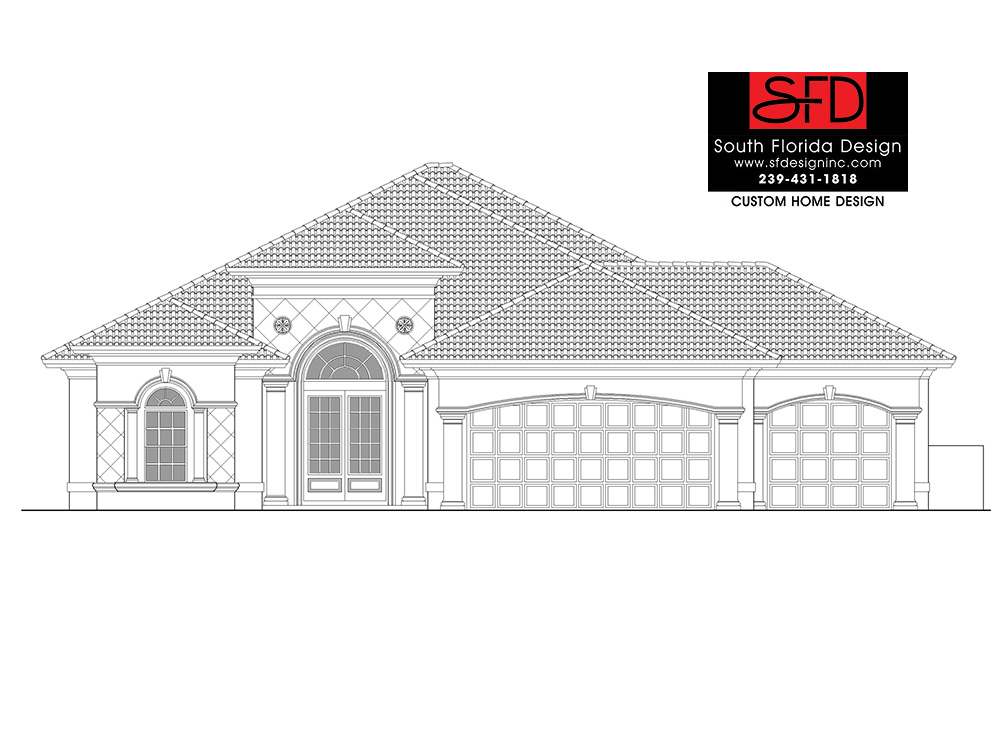 Front elevation sketch of a 2,721sf coastal house plan