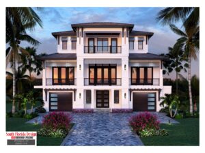 Color front elevation rendering of a 3-story 4619sf beach house plan