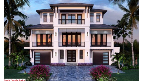 Color front elevation rendering of a 3-story 4619sf beach house plan