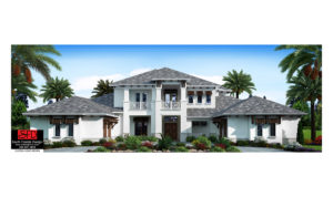 Color front elevation rendering of a coastal contemporary house plan