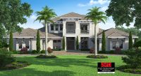 Color front elevation rendering of a 2-story luxury coastal contemporary house plan