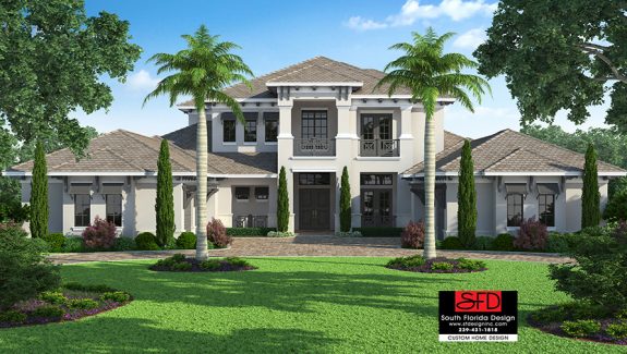 Color front elevation rendering of a 2-story luxury coastal contemporary house plan