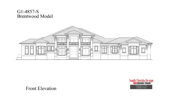 Black and white front levation sketch of a 4857sf house plan