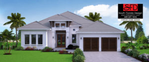 Color front elevation rendering of a 3289sf coastal contemporary house plan