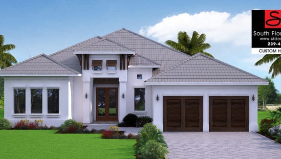 Color front elevation rendering of a 3289sf coastal contemporary house plan