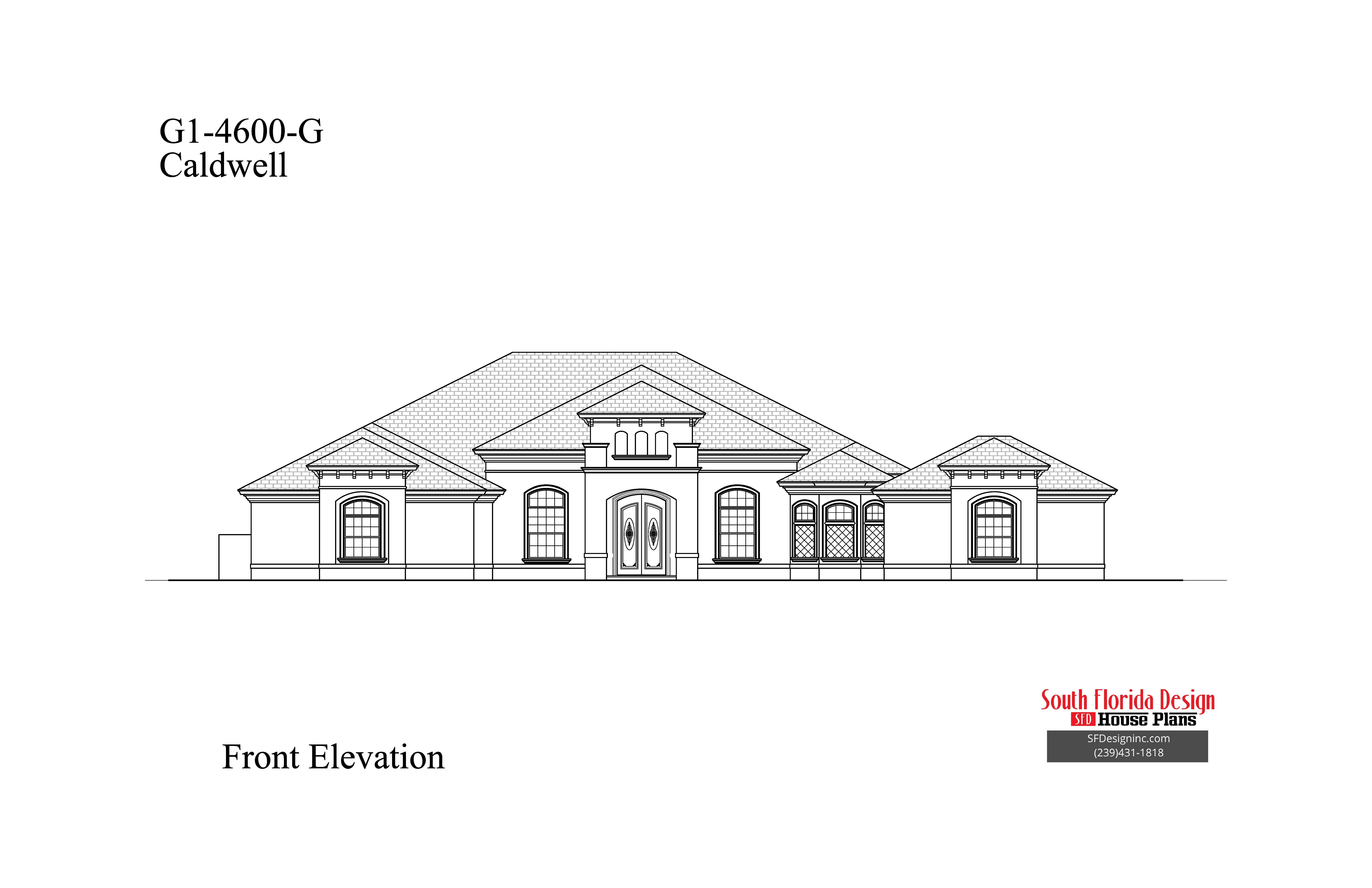 Black and white front elevation sketch of a 4600sf house plan
