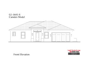 Black and white front elevation sketch of a 1641sf house plan