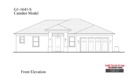 Black and white front elevation sketch of a 1641sf house plan
