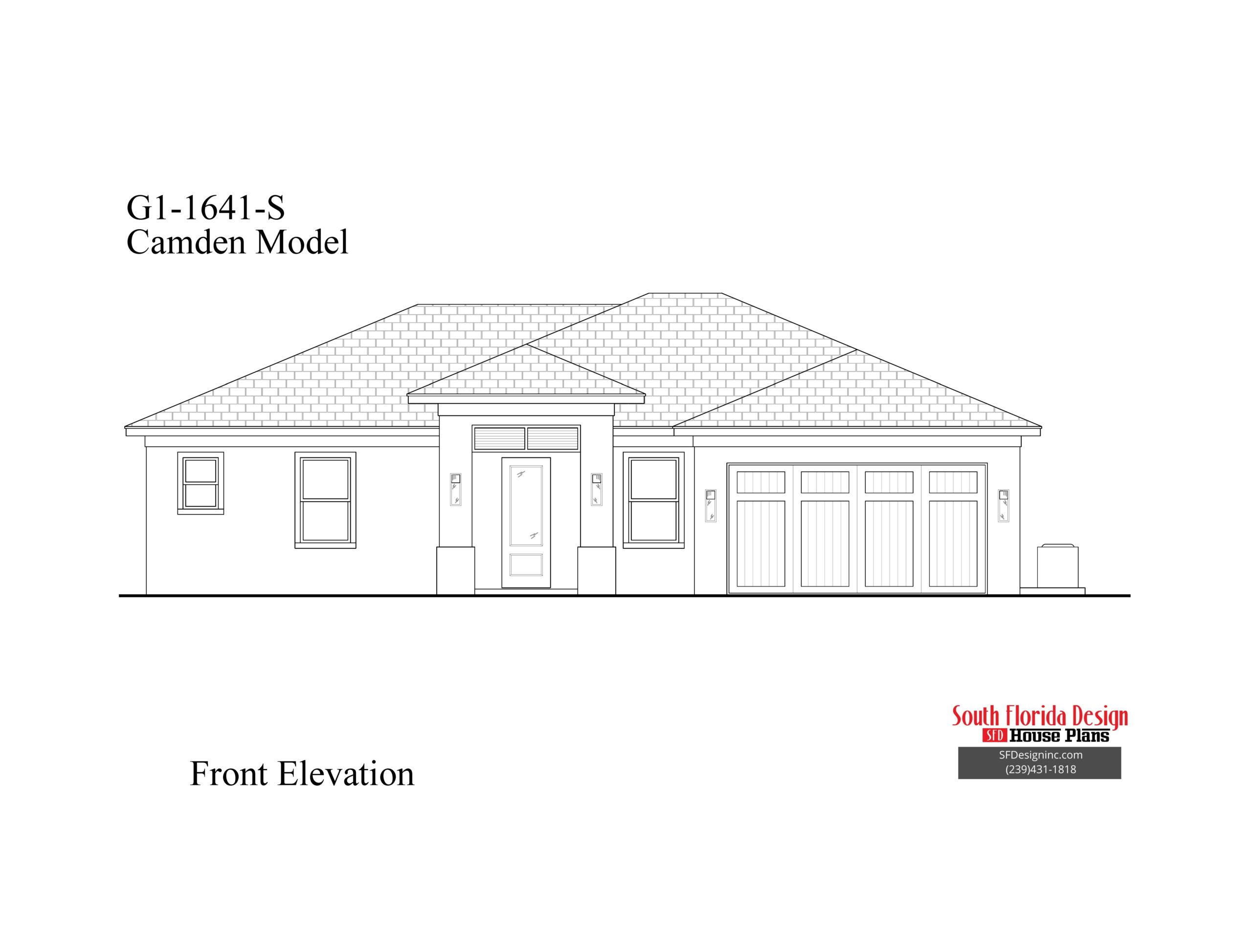 Black and white front elevation sketch of a 1641sf house plan