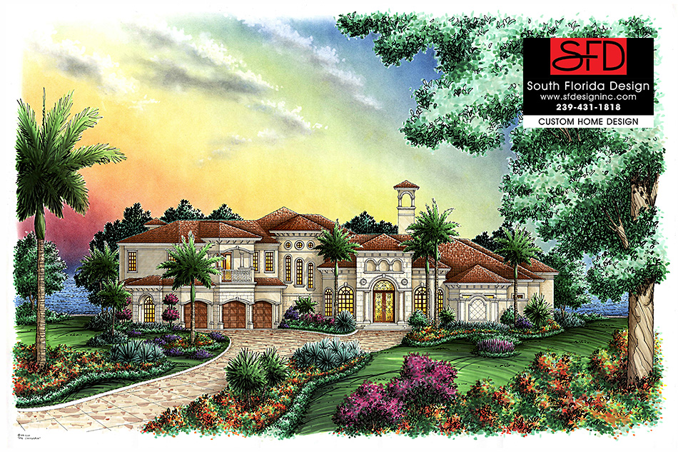Color front elevation rendering of a 4 bedroom 2-story luxury Mediterranean house plan