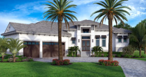 Color front elevation rendering of the Chipley house plan created by South Florida Design