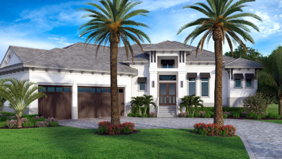 Color front elevation rendering of the Chipley house plan created by South Florida Design