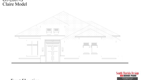 Black and white front elevation sketch of a 1-story 2887sf house plan