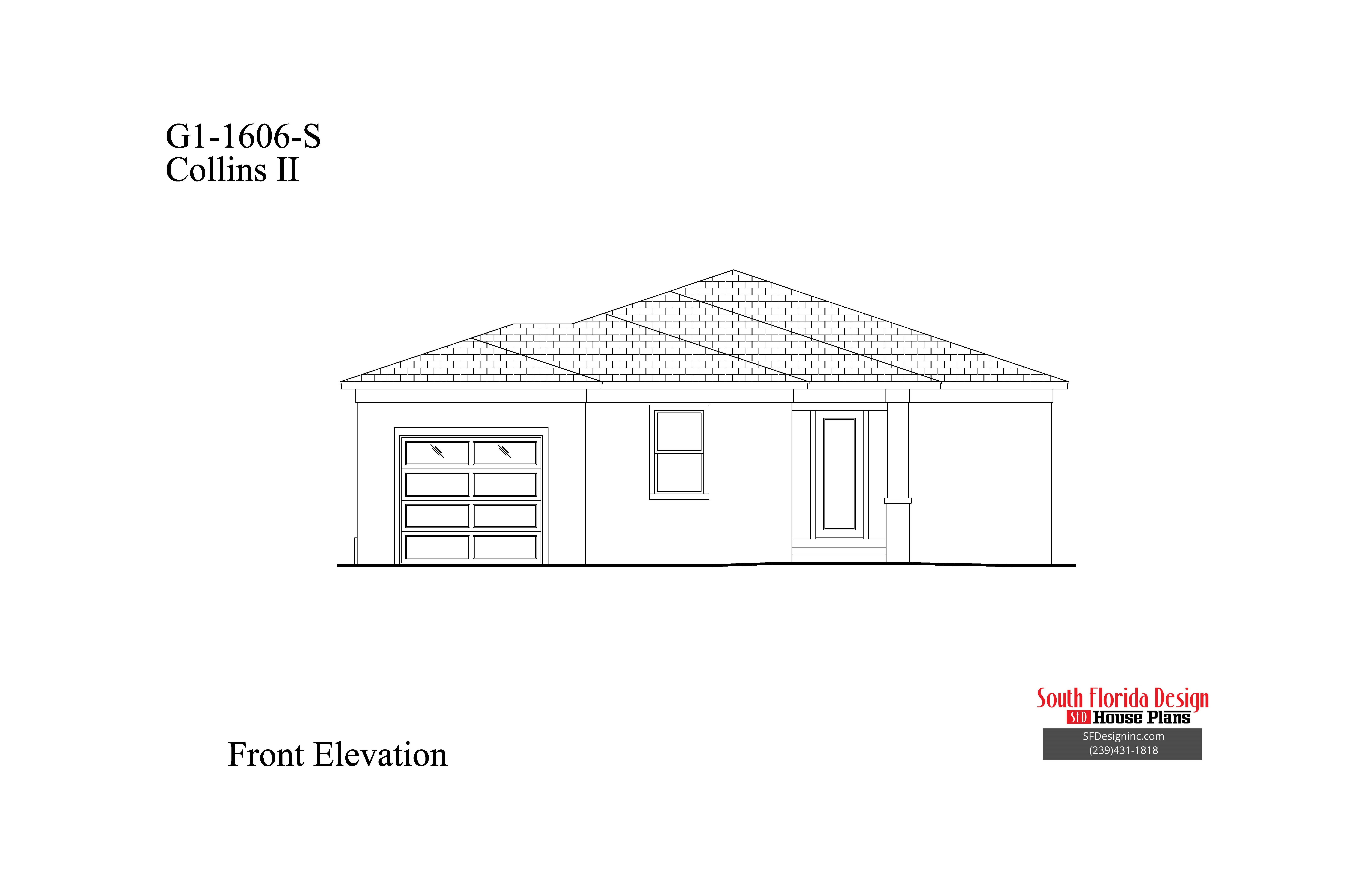 Black and white front elevation sketch of a 1606sf narrow lot house plan