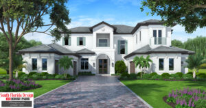 Color front elevation rendering of a 2-story 6011sf house plan