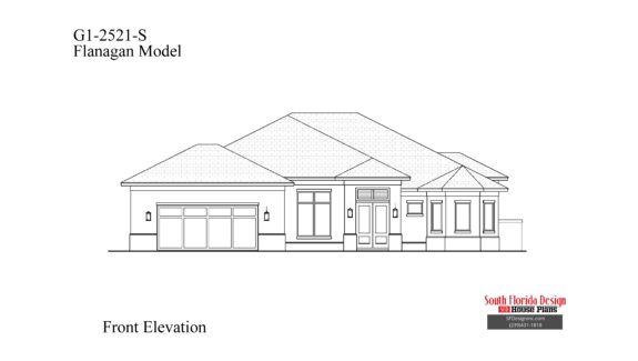 Black and white front elevation sketch of a 1-story 2521sf house plan