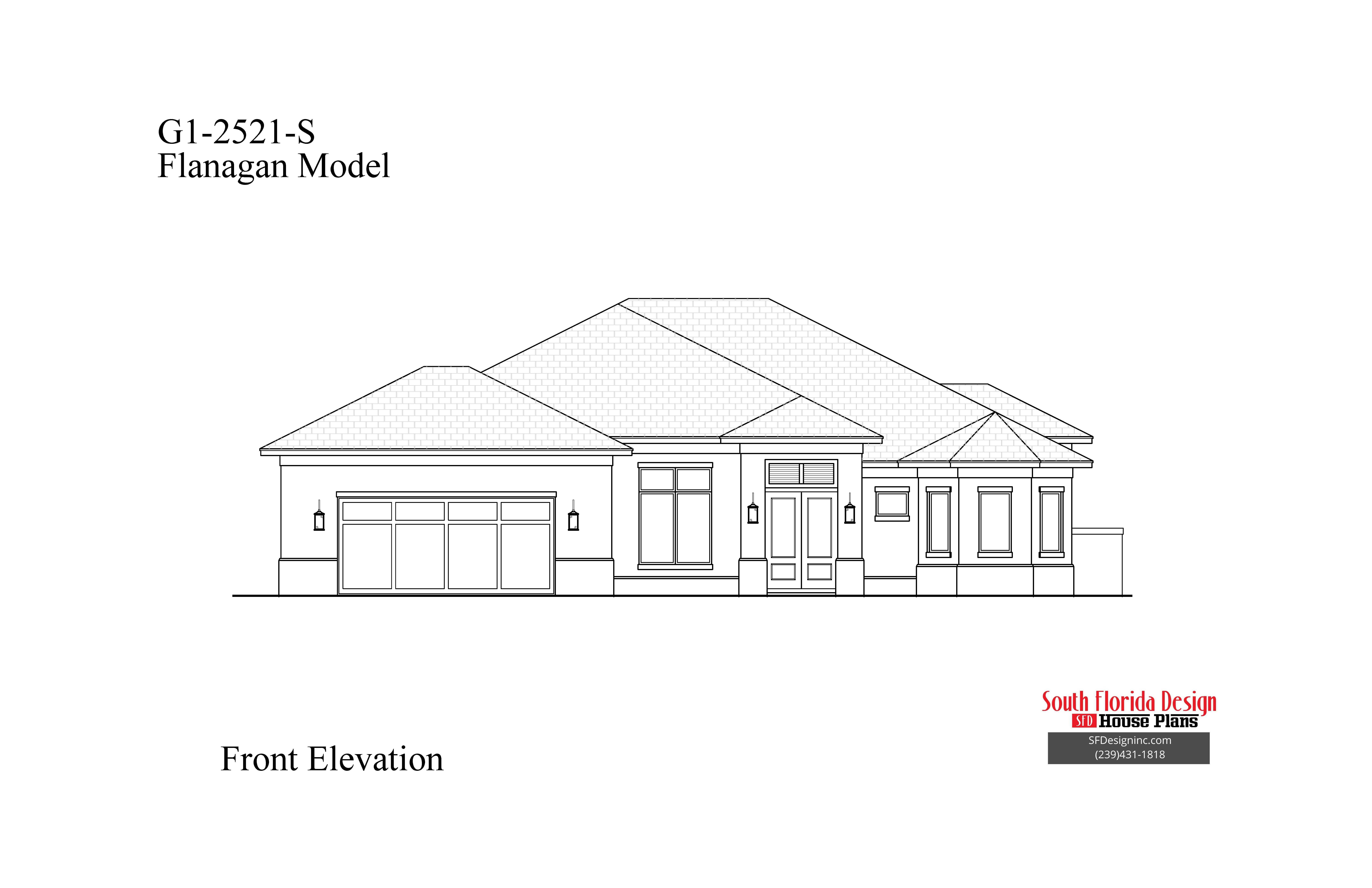 Black and white front elevation sketch of a 1-story 2521sf house plan