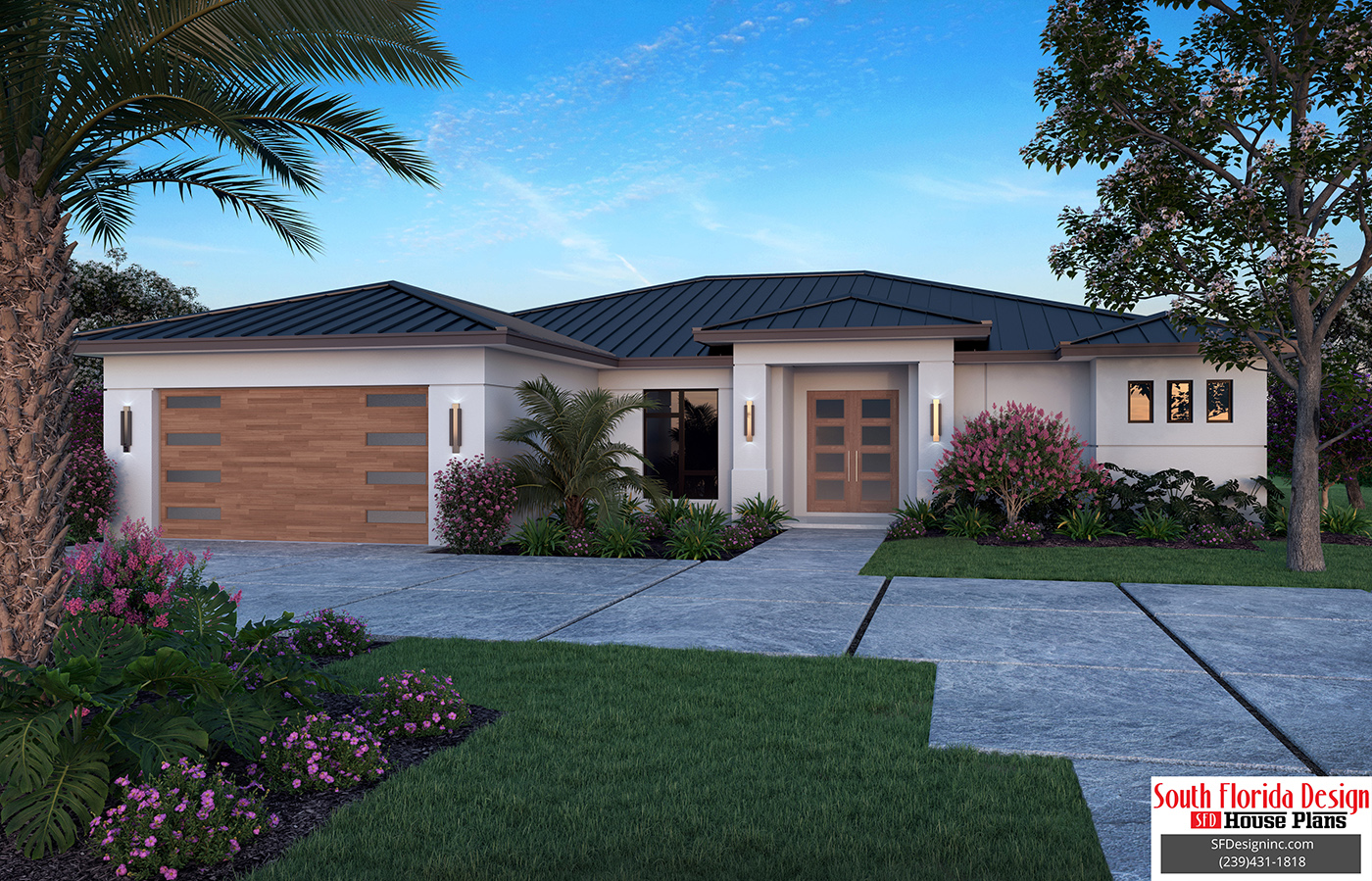 Color front elevation rendering of a 1-story 2174sf house plan