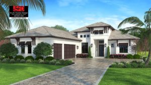 Coastal contemporary house plan features volume ceilings, open floor plan, great room, study and a master bedroom with walk-in closets designed by South Florida Design located in Naples, Florida