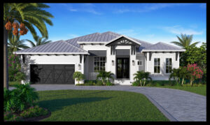 Color front elevation rendering of a 3134sf British West Indies house plan