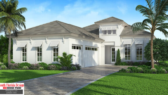 Color front elevation rendering of a 1-story 3385sf narrow lot house plan