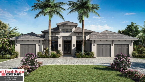 Color front elevation rendering of 1-story 3785sf coastal house plan
