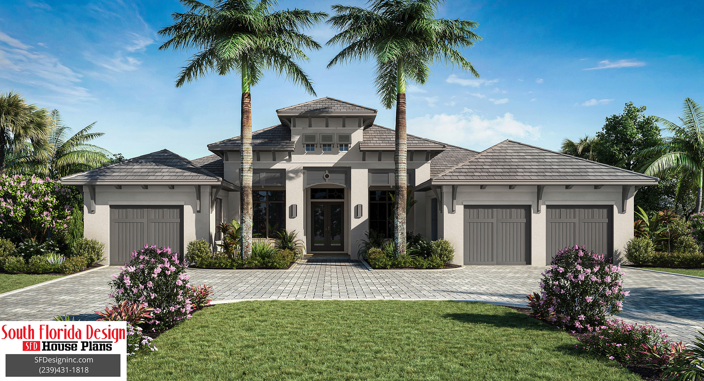 Color front elevation rendering of 1-story 3785sf coastal house plan
