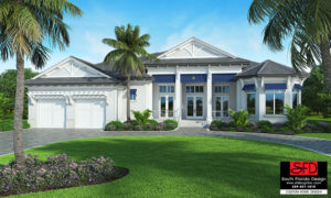 Color front elevation rendering of a great room coastal contemporary house plan